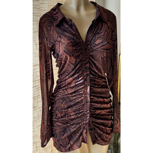 Good American Chai Swirl Mesh Y2K Revival 90s Button Shirt Dress -Size 2 Medium - Picture 5 of 6